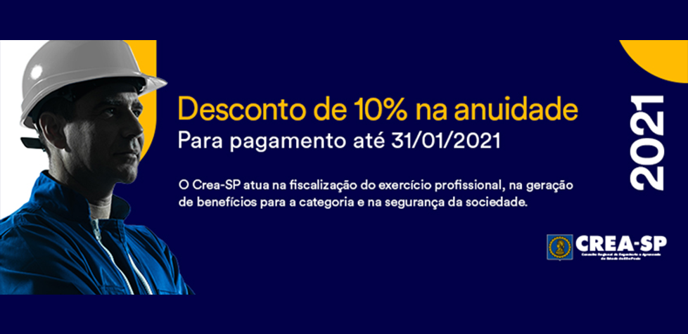 CREA-SP dá desconto de 10% na anuidade para pagamento até 31/01/2021